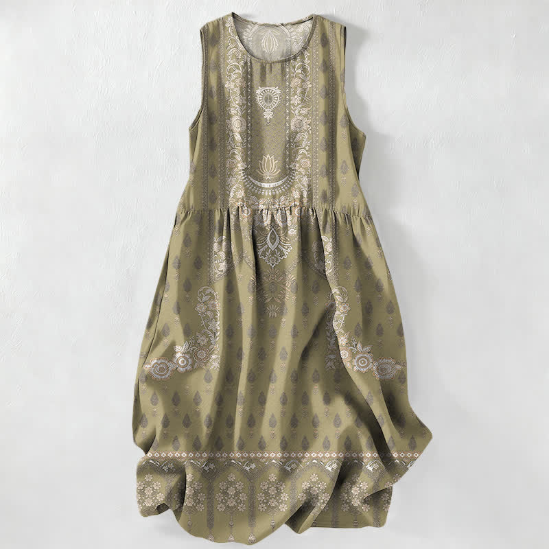Buddha Stones Robe midi d'été décontractée de style bohème, à motif médaillon ethnique, sans manches et avec poches, pour femme - Olive - US16，UK/AU20，EU48 (3XL) - image 4
