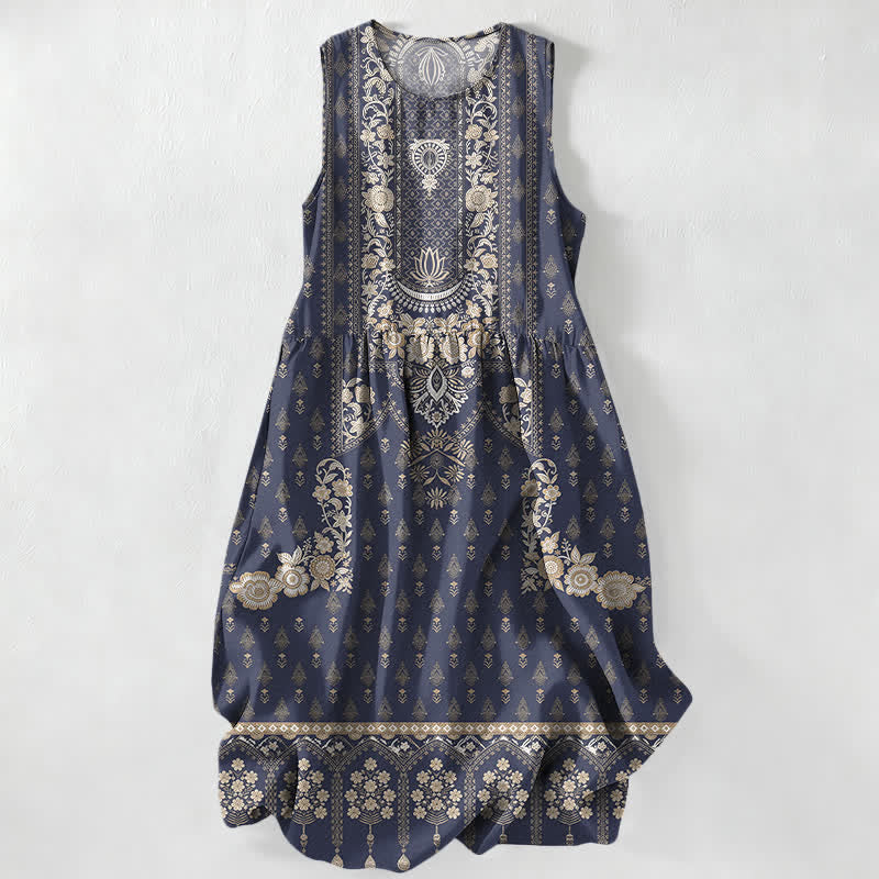 Buddha Stones Robe midi d'été décontractée de style bohème, à motif médaillon ethnique, sans manches et avec poches, pour femme - Marine - US16，UK/AU20，EU48 (3XL) - image 5
