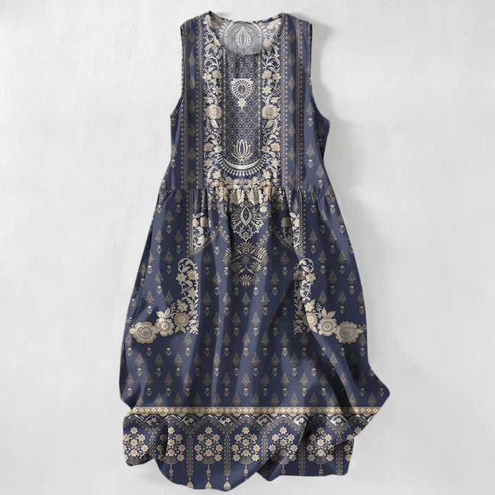 Buddha Stones Robe midi d'été décontractée de style bohème, à motif médaillon ethnique, sans manches et avec poches, pour femme - Marine - US16，UK/AU20，EU48 (3XL) - image 5
