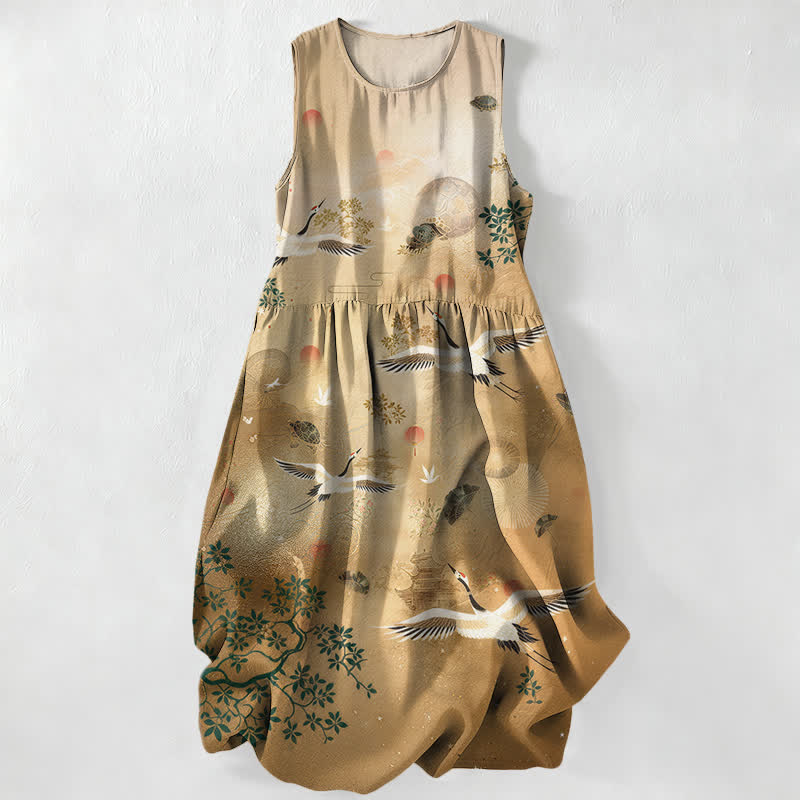 Buddha Stones Robe midi d'été décontractée pour femme, sans manches, à motif botanique de grues et de soleil, avec poches - BurlyWood - US16，UK/AU20，EU48 (3XL) - image 0