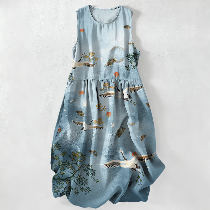 Buddha Stones Robe midi d'été décontractée pour femme, sans manches, à motif botanique de grues et de soleil, avec poches - Bleu poudré - US16，UK/AU20，EU48 (3XL) - image 4