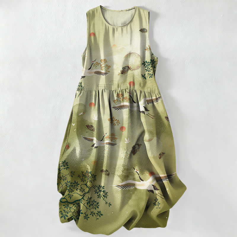 Buddha Stones Robe midi d'été décontractée pour femme, sans manches, à motif botanique de grues et de soleil, avec poches - Vert olive - US16，UK/AU20，EU48 (3XL) - image 5