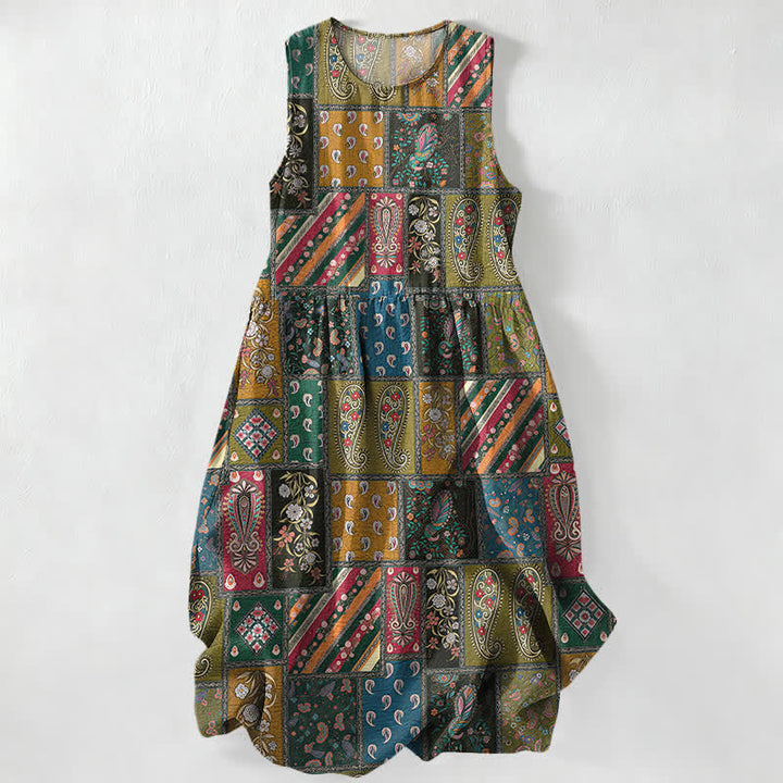 Buddha Stones Robe midi d'été décontractée pour femme, motif patchwork cachemire et floral olive, sans manches, avec poches - Vert olive - US16，UK/AU20，EU48 (3XL) - image 0