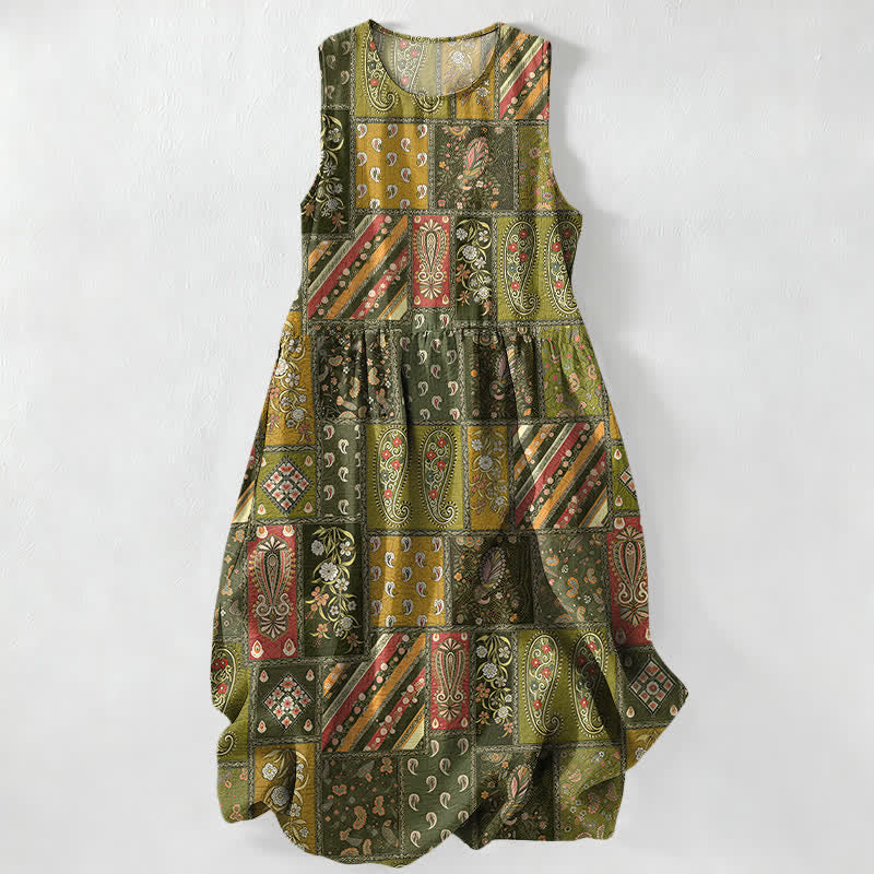 Buddha Stones Robe midi d'été décontractée pour femme, motif patchwork cachemire et floral olive, sans manches, avec poches - Kaki foncé - US16，UK/AU20，EU48 (3XL) - image 4