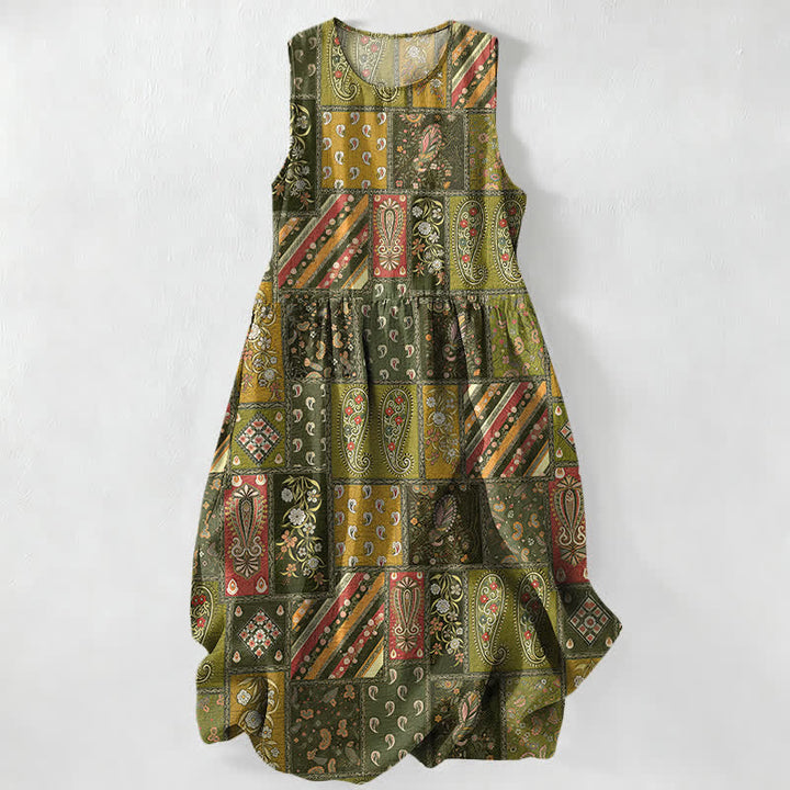 Buddha Stones Robe midi d'été décontractée pour femme, motif patchwork cachemire et floral olive, sans manches, avec poches - Kaki foncé - US16，UK/AU20，EU48 (3XL) - image 4