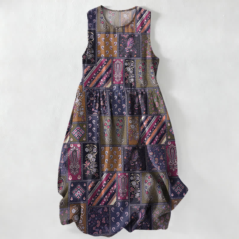 Buddha Stones Robe midi d'été décontractée pour femme, motif patchwork cachemire et floral olive, sans manches, avec poches - Indigo - US16，UK/AU20，EU48 (3XL) - image 5