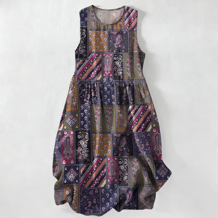 Buddha Stones Robe midi d'été décontractée pour femme, motif patchwork cachemire et floral olive, sans manches, avec poches - Indigo - US16，UK/AU20，EU48 (3XL) - image 5