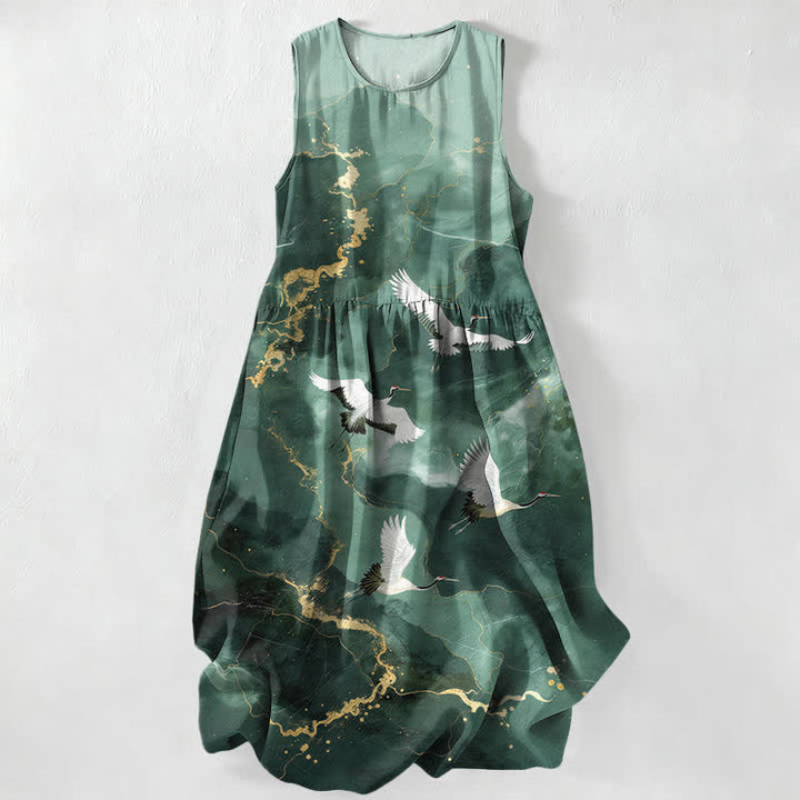 Buddha Stones Robe midi d'été décontractée blanche à motif marbre doré et grues, sans manches et avec poches pour femme - Vert forêt - US16，UK/AU20，EU48 (3XL) - image 0