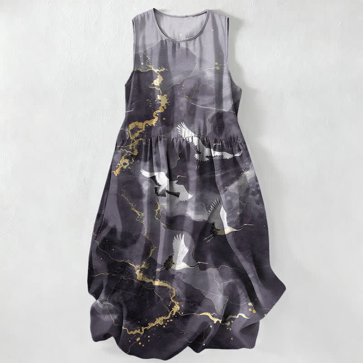 Buddha Stones Robe midi d'été décontractée blanche à motif marbre doré et grues, sans manches et avec poches pour femme - Gris sombre - US16，UK/AU20，EU48 (3XL) - image 4