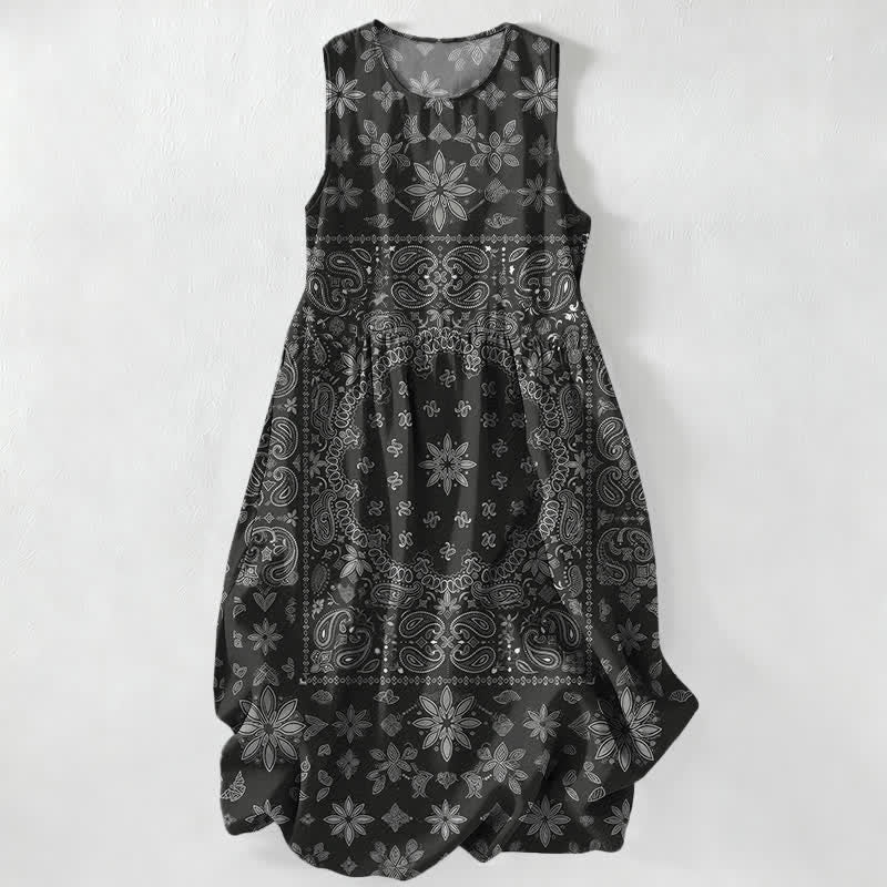 Buddha Stones Robe midi d'été décontractée pour femme, à motif floral cachemire et bandana, sans manches et avec poches. - Noir - US16，UK/AU20，EU48 (3XL) - image 0