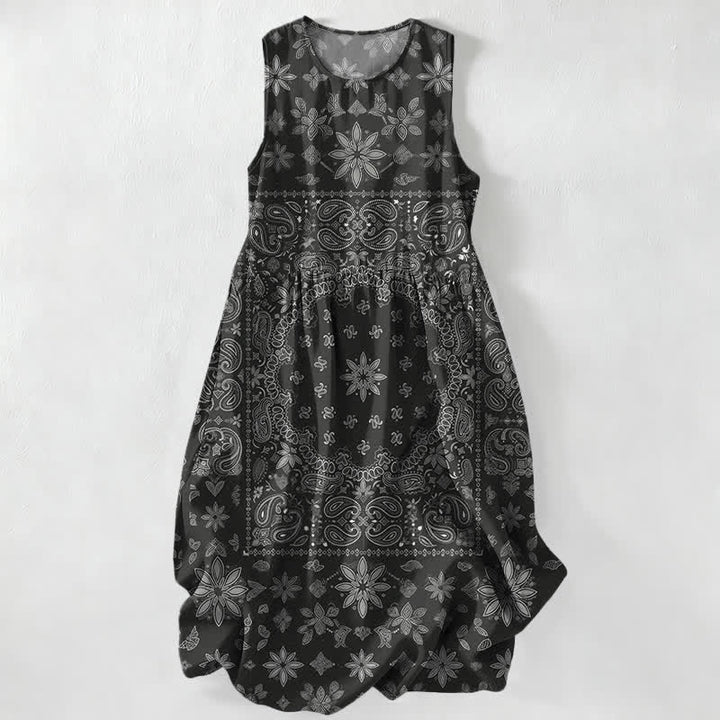 Buddha Stones Robe midi d'été décontractée pour femme, à motif floral cachemire et bandana, sans manches et avec poches. - Noir - US16，UK/AU20，EU48 (3XL) - image 0