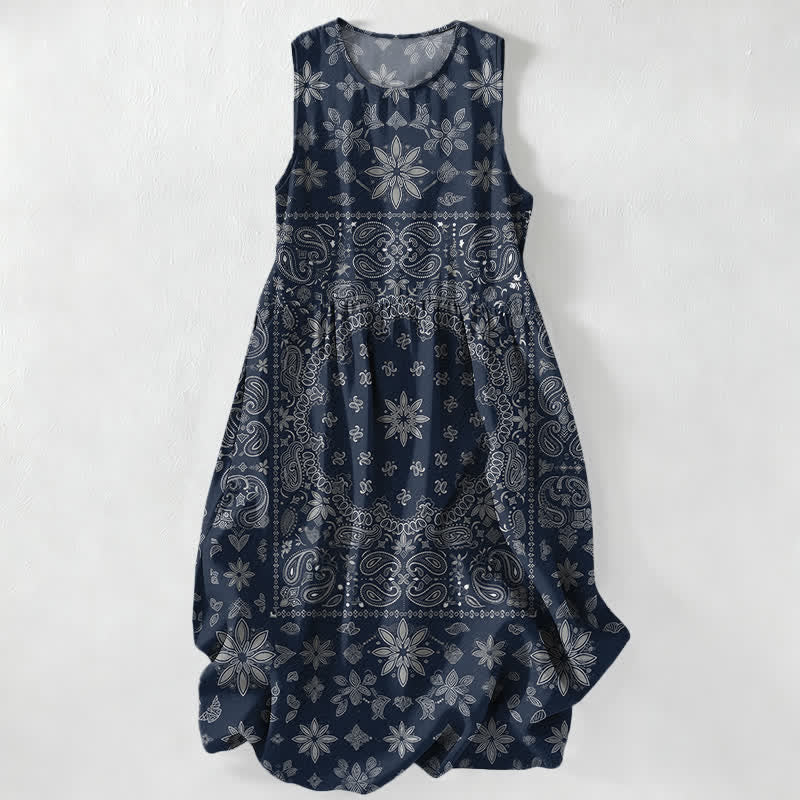 Buddha Stones Robe midi d'été décontractée pour femme, à motif floral cachemire et bandana, sans manches et avec poches. - Marine - US16，UK/AU20，EU48 (3XL) - image 4