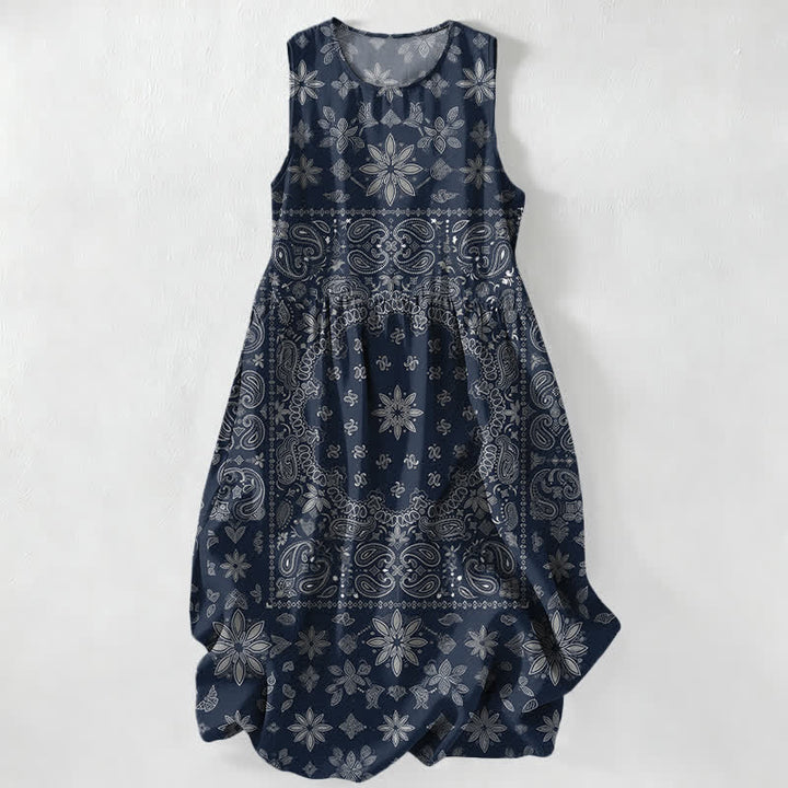 Buddha Stones Robe midi d'été décontractée pour femme, à motif floral cachemire et bandana, sans manches et avec poches. - Marine - US16，UK/AU20，EU48 (3XL) - image 4