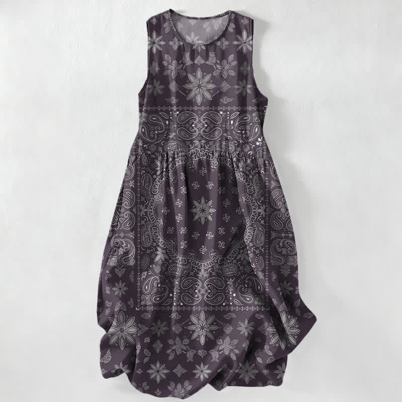 Buddha Stones Robe midi d'été décontractée pour femme, à motif floral cachemire et bandana, sans manches et avec poches. - Indigo - US16，UK/AU20，EU48 (3XL) - image 5