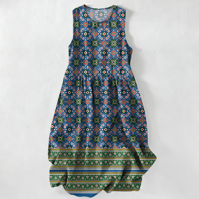 Buddha Stones Robe midi d'été décontractée bleue à motif géométrique bohème avec poches - Bleu foncé - US16，UK/AU20，EU48 (3XL) - image 0