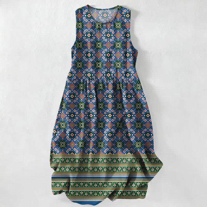 Buddha Stones Robe midi d'été décontractée bleue à motif géométrique bohème avec poches - Bleu foncé - US16，UK/AU20，EU48 (3XL) - image 0