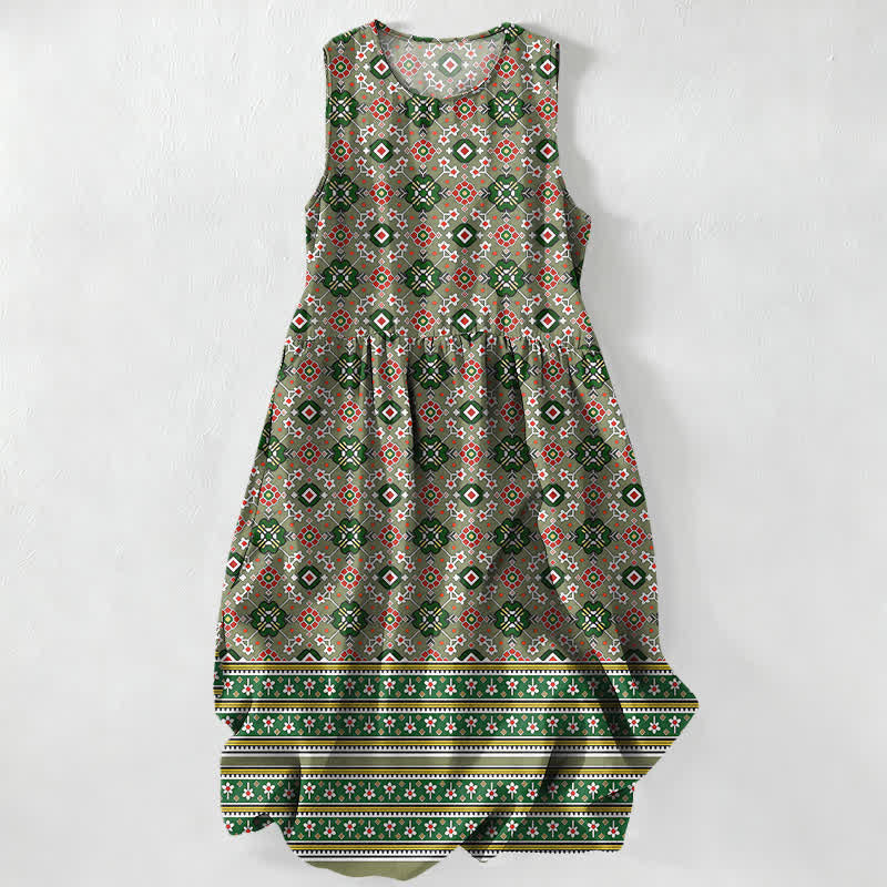 Buddha Stones Robe midi d'été décontractée bleue à motif géométrique bohème avec poches - Vert foncé - US16，UK/AU20，EU48 (3XL) - image 4