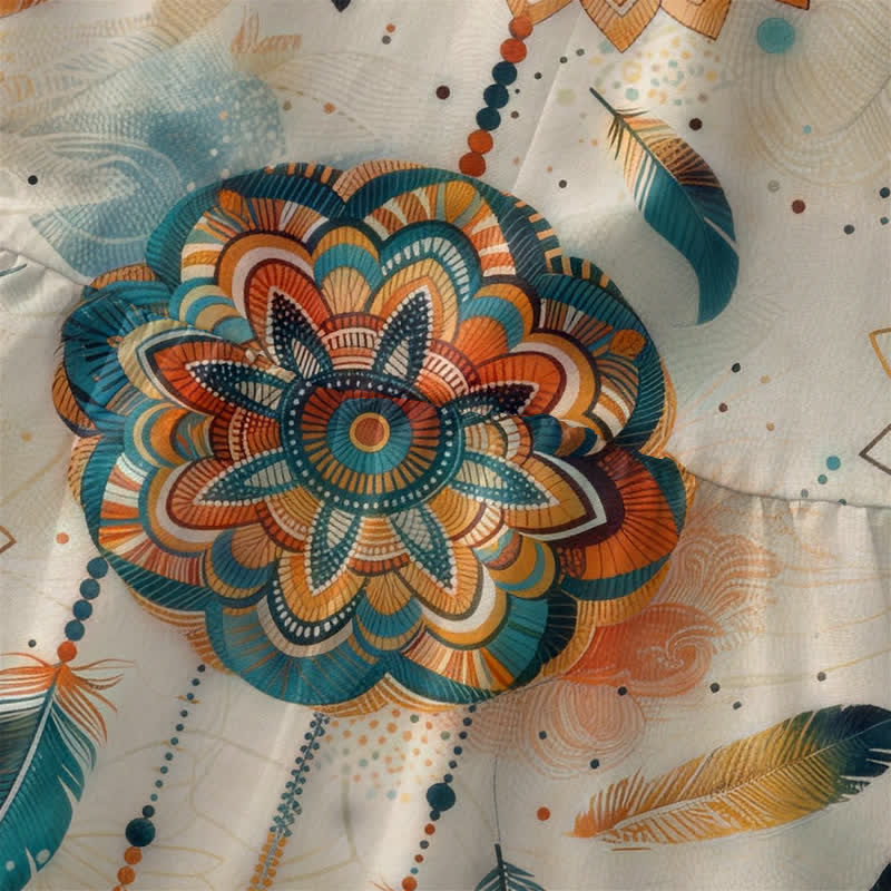 Buddha Stones Robe midi d'été décontractée bohème à motif mandala et plumes, sans manches et avec poches. - image 1