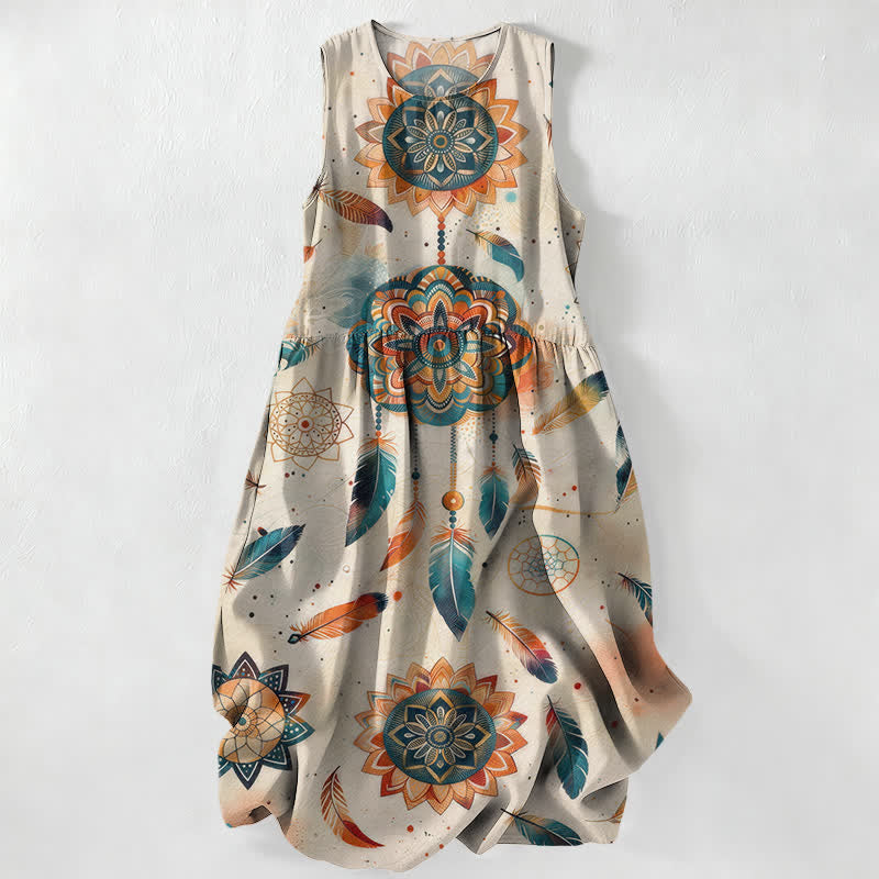 Buddha Stones Robe midi d'été décontractée bohème à motif mandala et plumes, sans manches et avec poches. - Gainsboro - US16，UK/AU20，EU48 (3XL) - image 0