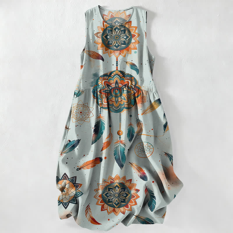 Buddha Stones Robe midi d'été décontractée bohème à motif mandala et plumes, sans manches et avec poches. - Bleu ciel - US16，UK/AU20，EU48 (3XL) - image 4