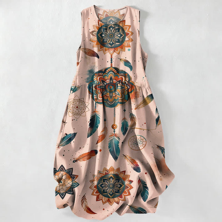 Buddha Stones Robe midi d'été décontractée bohème à motif mandala et plumes, sans manches et avec poches. - Rose - US16，UK/AU20，EU48 (3XL) - image 5