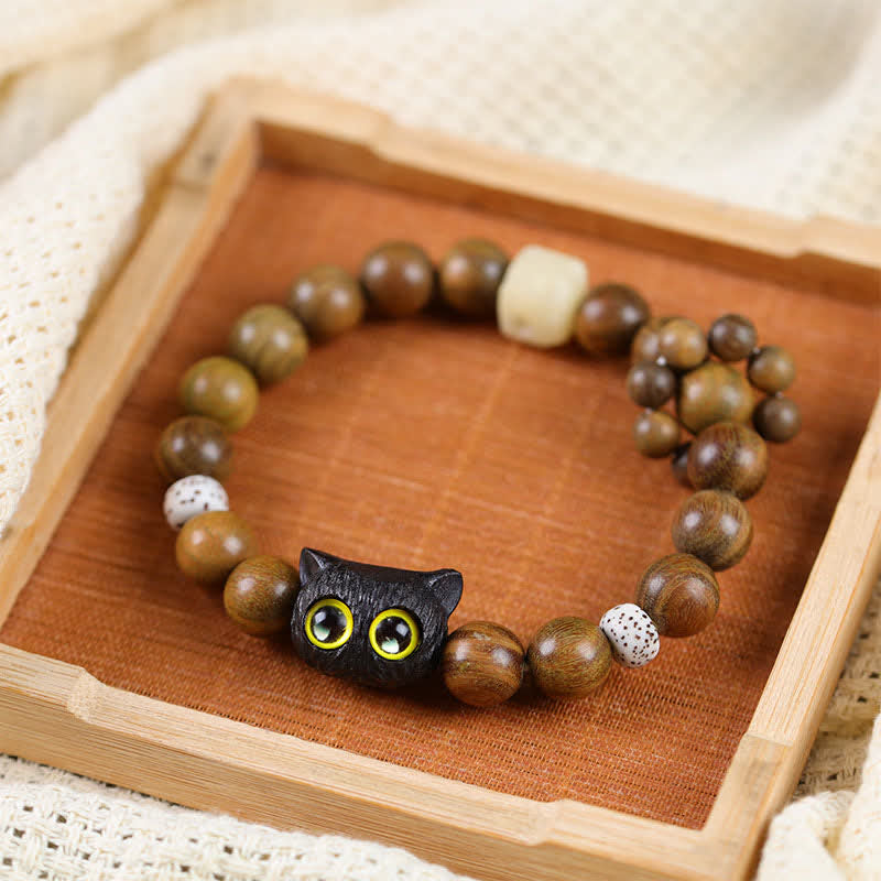 Buddha Stones Bracelet porte-bonheur en bois d'ébène avec perles d'ancrage et chat porte-bonheur - Chat porte-bonheur noir - image 0