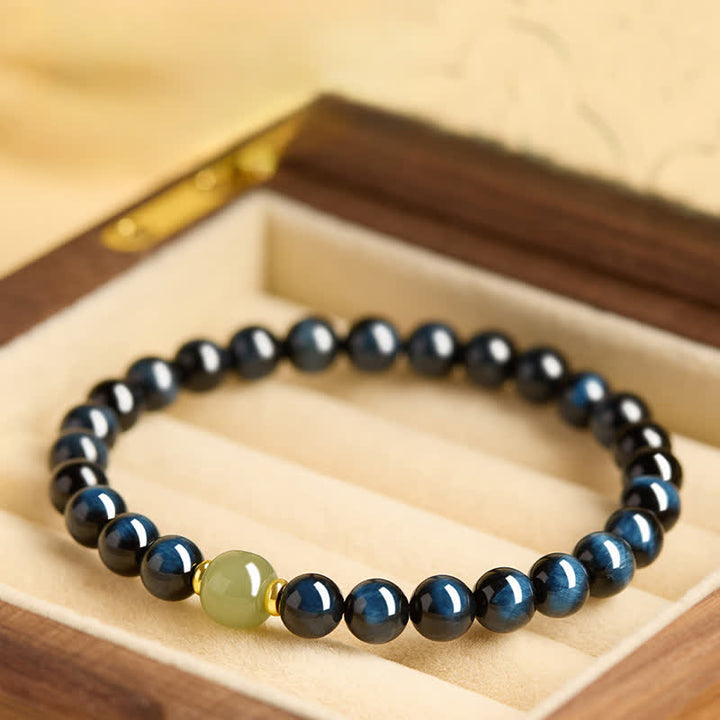 Buddha Stones Bracelet intuitif en perles rondes de jade Hetian œil de tigre bleu - 8 mm - image 0