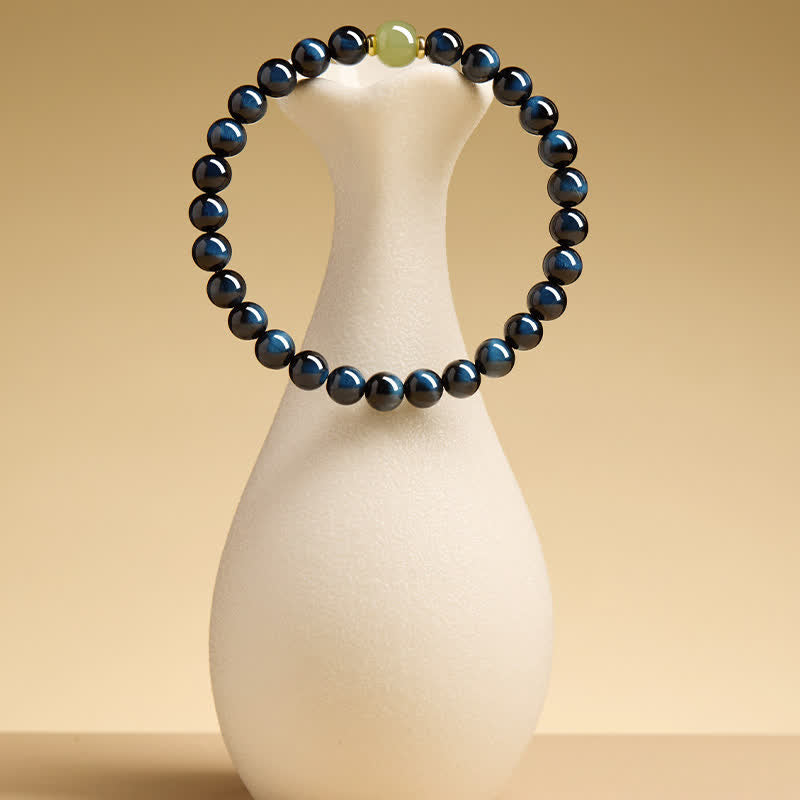 Buddha Stones Bracelet intuitif en perles rondes de jade Hetian œil de tigre bleu - image 2
