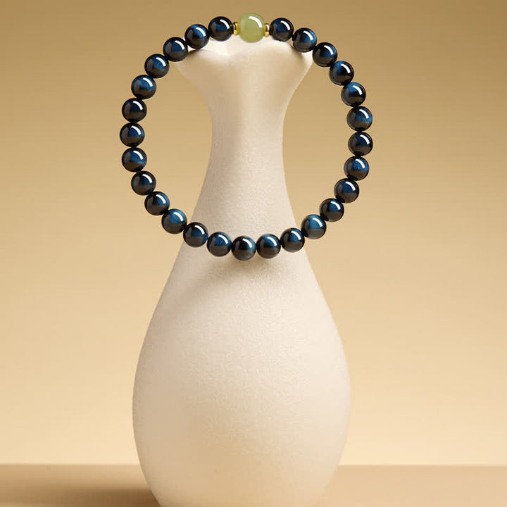Buddha Stones Bracelet intuitif en perles rondes de jade Hetian œil de tigre bleu - image 2
