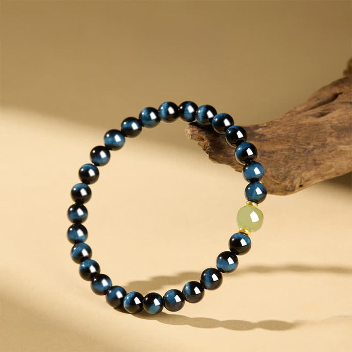 Buddha Stones Bracelet intuitif en perles rondes de jade Hetian œil de tigre bleu - image 4