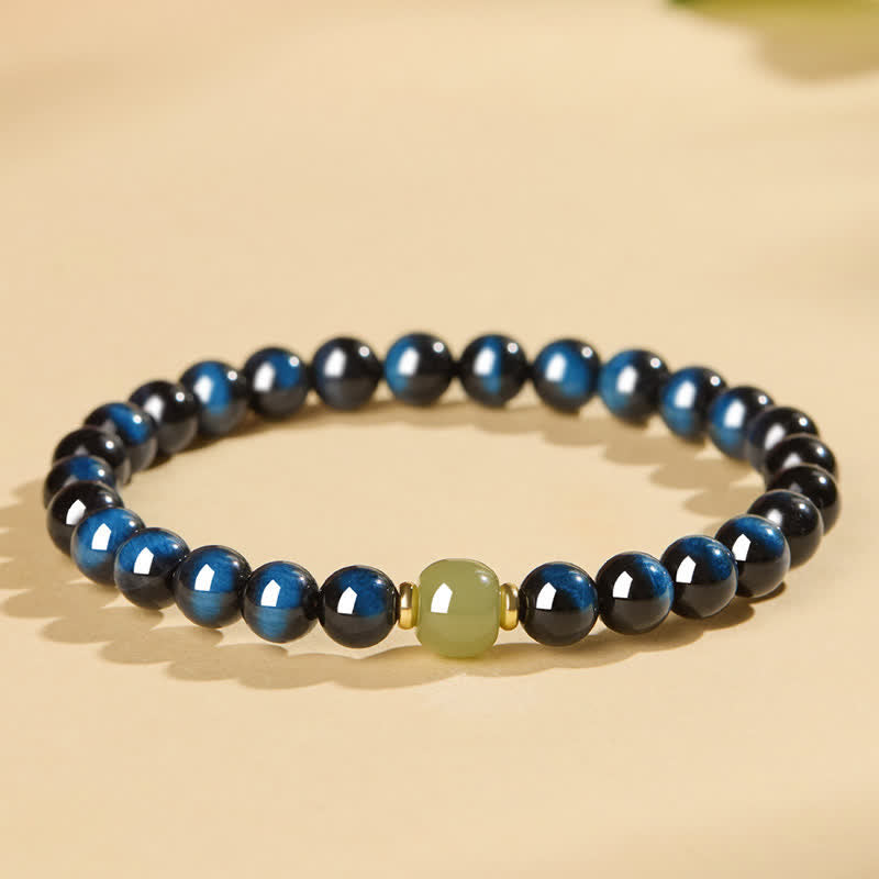 Buddha Stones Bracelet intuitif en perles rondes de jade Hetian œil de tigre bleu - image 8