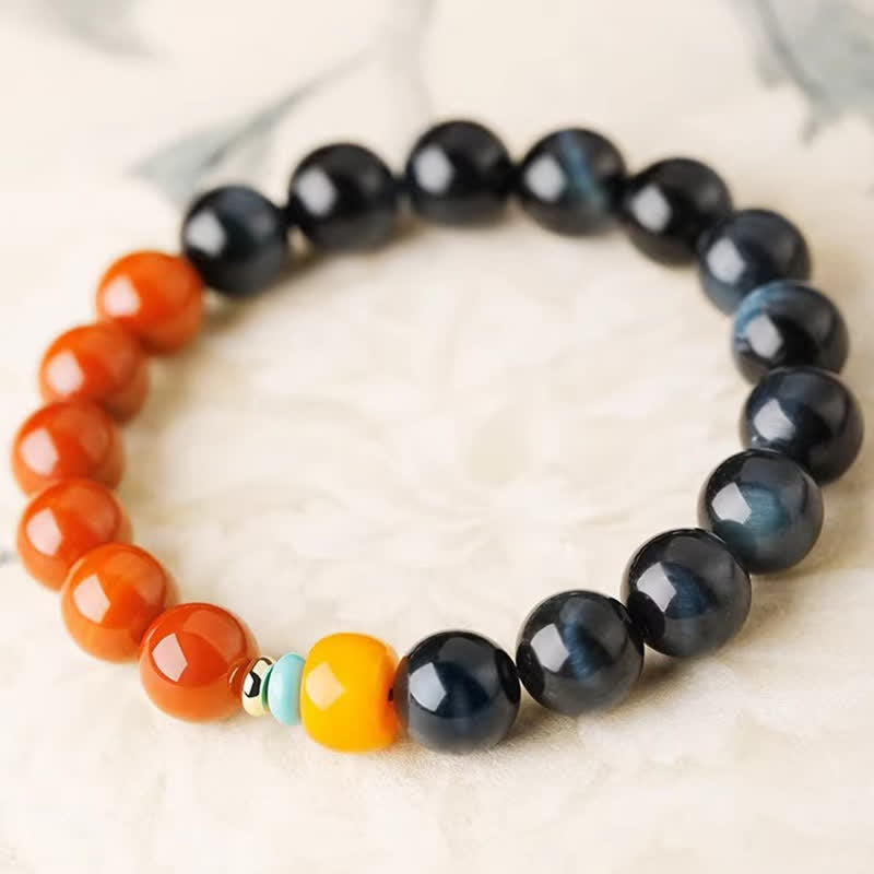 Buddha Stones Bracelet de perles rondes en agate rouge œil de tigre bleu du Sud - image 1