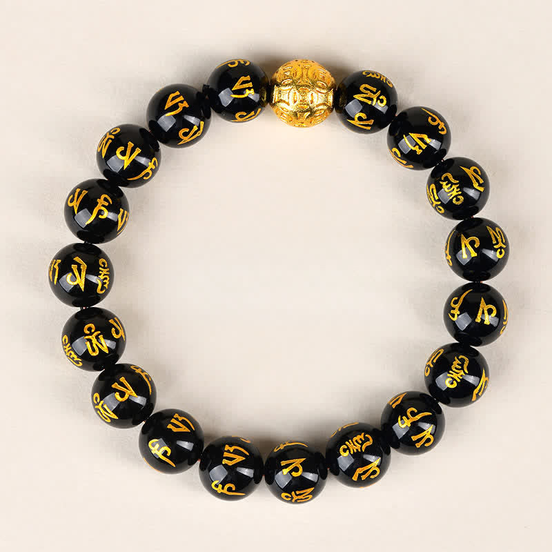 Buddha Stones Bracelet de force Om Mani Padme Hum en obsidienne noire - 10 mm - image 1