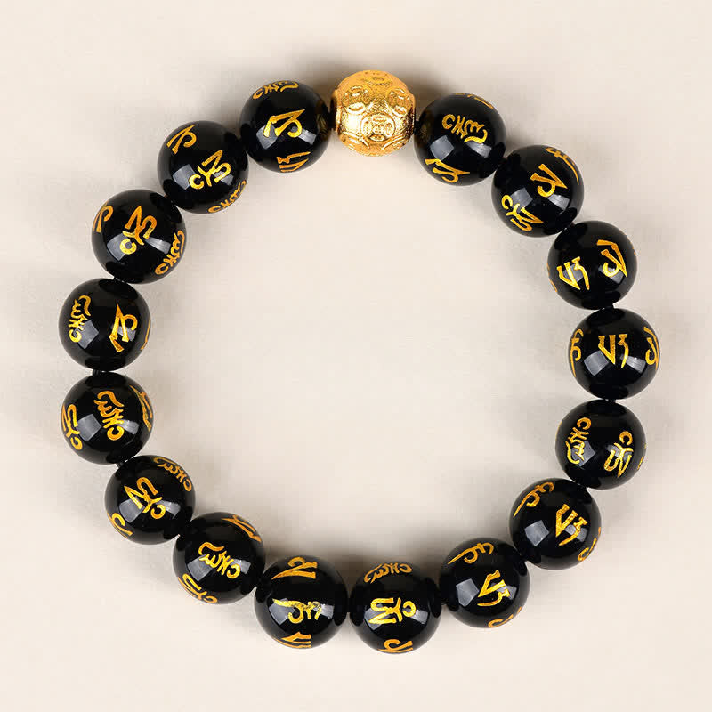Buddha Stones Bracelet de force Om Mani Padme Hum en obsidienne noire - 12 mm - image 2