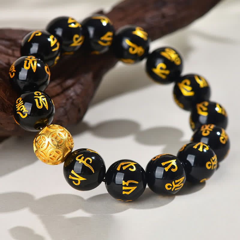 Buddha Stones Bracelet de force Om Mani Padme Hum en obsidienne noire - image 3
