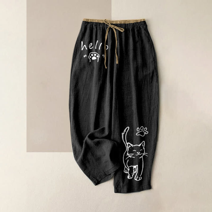 Buddha Stones Pantalon pour femme en pur coton avec motif pattes de chat « Hello Cat », taille élastique et poches - Noir - US16，UK/AU20，EU48 (3XL) - image 0