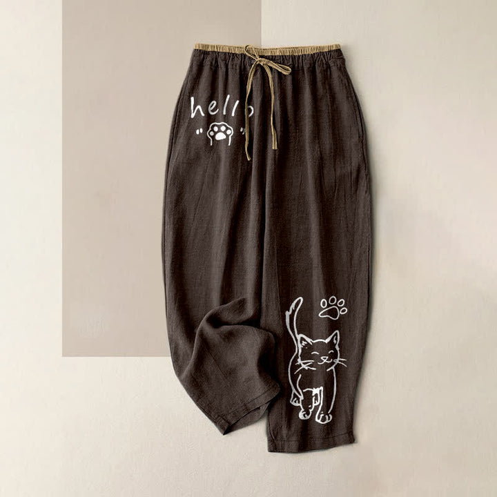 Buddha Stones Pantalon pour femme en pur coton avec motif pattes de chat « Hello Cat », taille élastique et poches - SaddleBrown - US16，UK/AU20，EU48 (3XL) - image 5