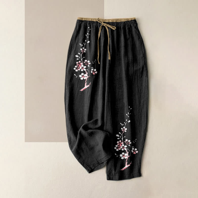 Buddha Stones Pantalon pour femme en pur coton avec motif de branches de fleurs orientales, taille élastique et poches - Noir - US16，UK/AU20，EU48 (3XL) - image 4