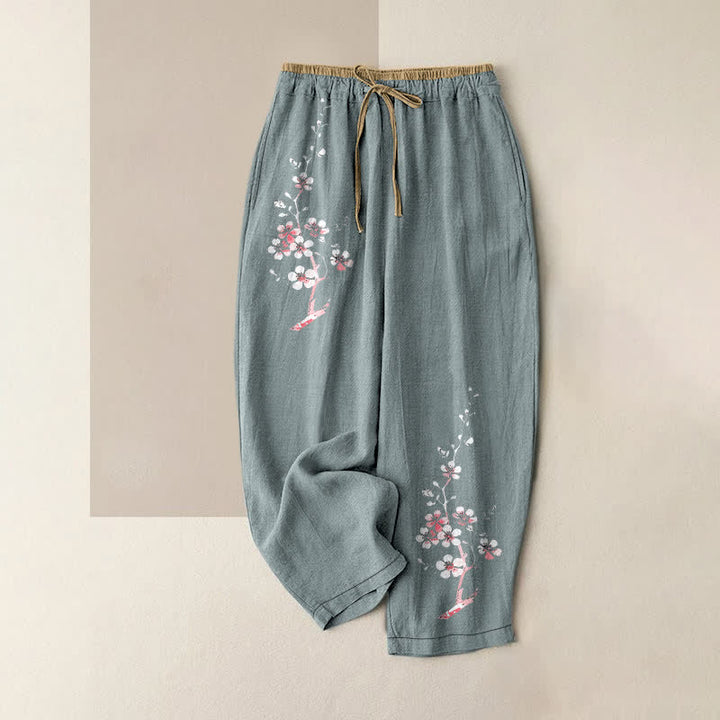 Buddha Stones Pantalon pour femme en pur coton avec motif de branches de fleurs orientales, taille élastique et poches - CadetBlue - US16，UK/AU20，EU48 (3XL) - image 5