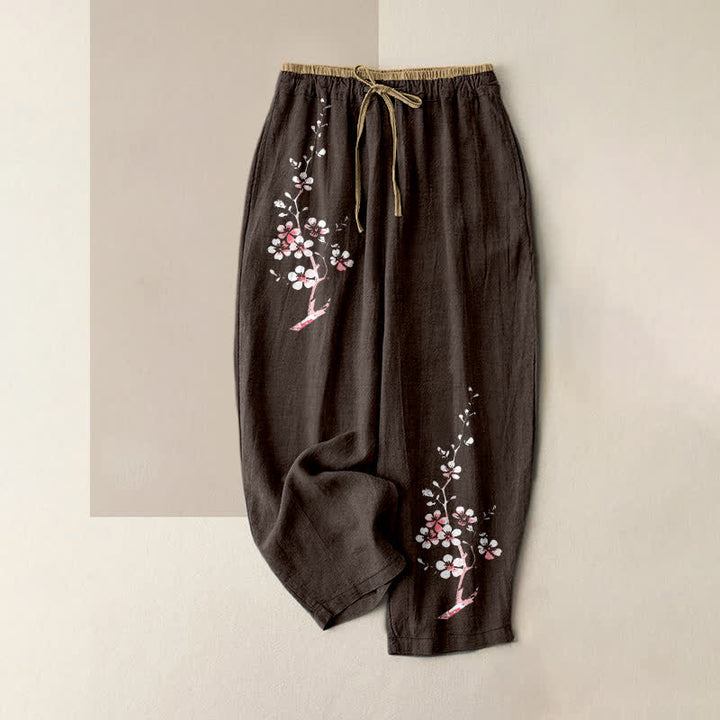 Buddha Stones Pantalon pour femme en pur coton avec motif de branches de fleurs orientales, taille élastique et poches - SaddleBrown - US16，UK/AU20，EU48 (3XL) - image 0