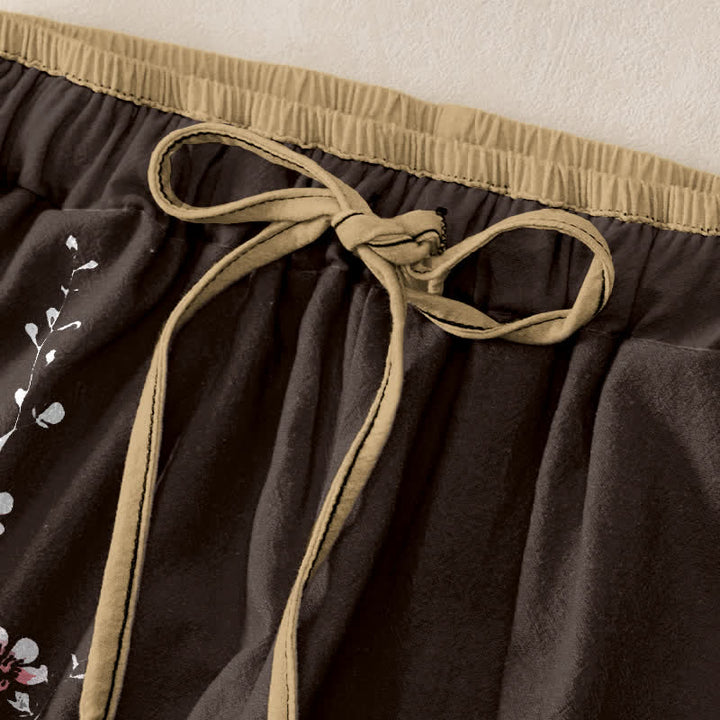 Buddha Stones Pantalon pour femme en pur coton avec motif de branches de fleurs orientales, taille élastique et poches - image 1