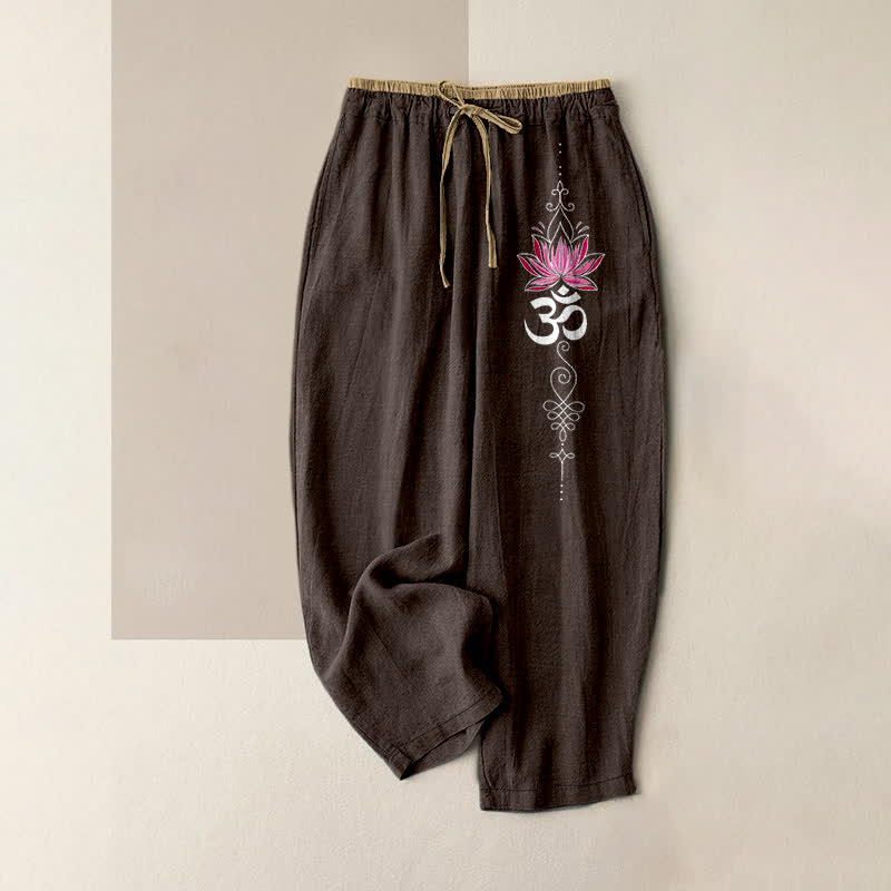 Buddha Stones Pantalon pour femme en pur coton, motif lotus zen om, taille élastique et poches - SaddleBrown - US16，UK/AU20，EU48 (3XL) - image 4