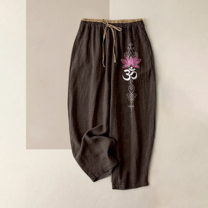 Buddha Stones Pantalon pour femme en pur coton, motif lotus zen om, taille élastique et poches - SaddleBrown - US16，UK/AU20，EU48 (3XL) - image 4