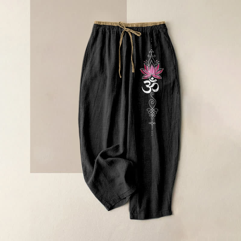 Buddha Stones Pantalon pour femme en pur coton, motif lotus zen om, taille élastique et poches - Noir - US16，UK/AU20，EU48 (3XL) - image 0