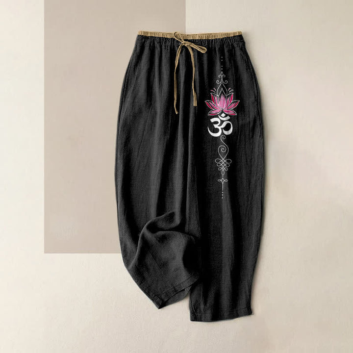 Buddha Stones Pantalon pour femme en pur coton, motif lotus zen om, taille élastique et poches - Noir - US16，UK/AU20，EU48 (3XL) - image 0
