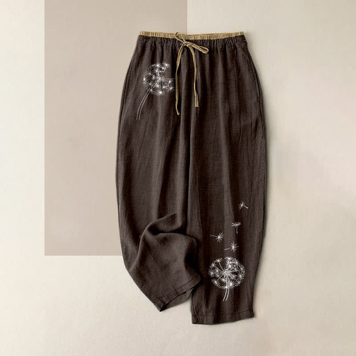 Buddha Stones Pantalon pour femme en pur coton blanc à motif pissenlit, taille élastique et poches - SaddleBrown - US16，UK/AU20，EU48 (3XL) - image 5
