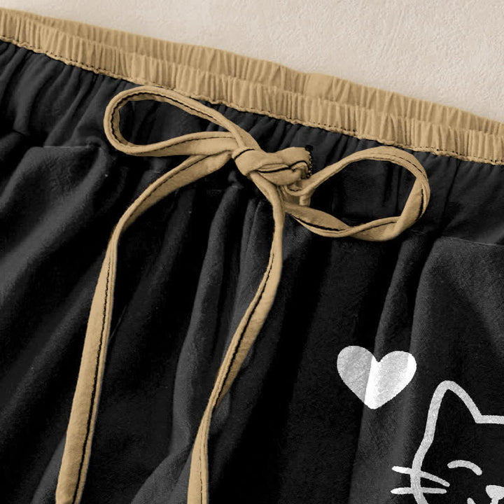 Buddha Stones Pantalon pour femme en pur coton avec motif mignon de chat en forme de cœur et de patte, taille élastique et poches - image 1