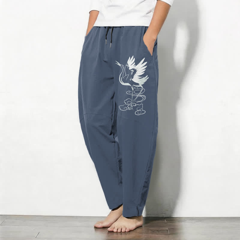 Buddha Stones Pantalon fuselé pour homme en pur coton blanc à motif de grues, avec cordon de serrage et poches - image 1