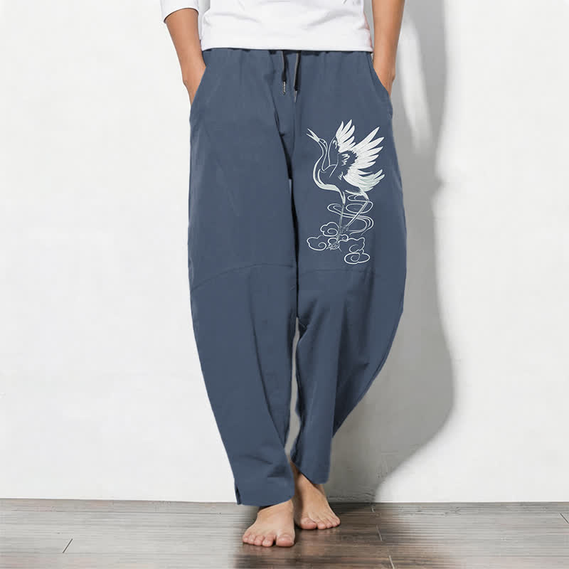 Buddha Stones Pantalon fuselé pour homme en pur coton blanc à motif de grues, avec cordon de serrage et poches - SteelBlue - US/UK/AU50，EU60 (5XL) - image 0