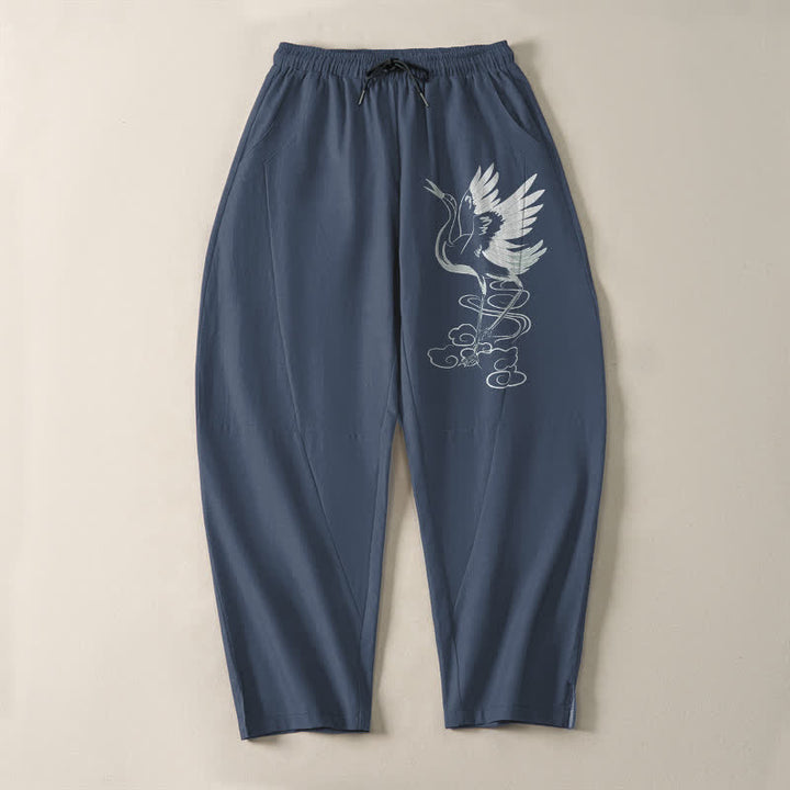 Buddha Stones Pantalon fuselé pour homme en pur coton blanc à motif de grues, avec cordon de serrage et poches - image 2